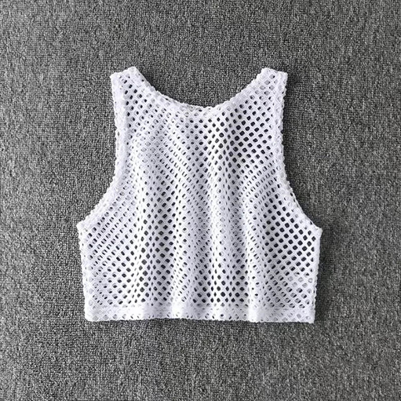 MeshGlow™ hollow-out summer crop top in fishnet design, breathable and loose fit for casual style.