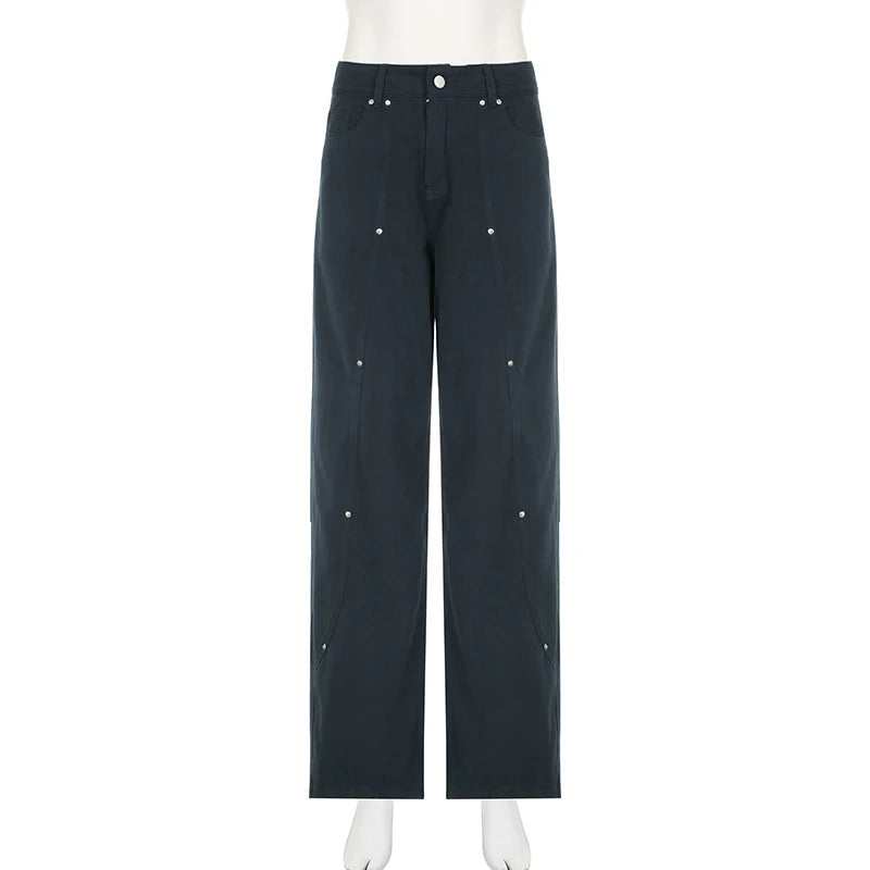 Women Low-Waist Rivet Wide Jeans