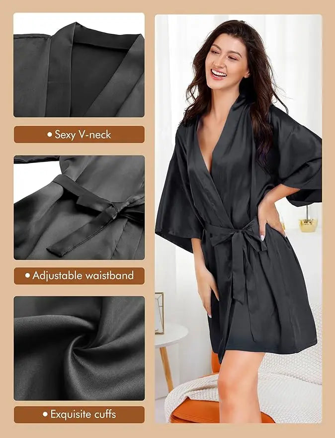 7-piece satin bride robe set showcasing sexy V-neck, adjustable waistband, and exquisite cuffs.