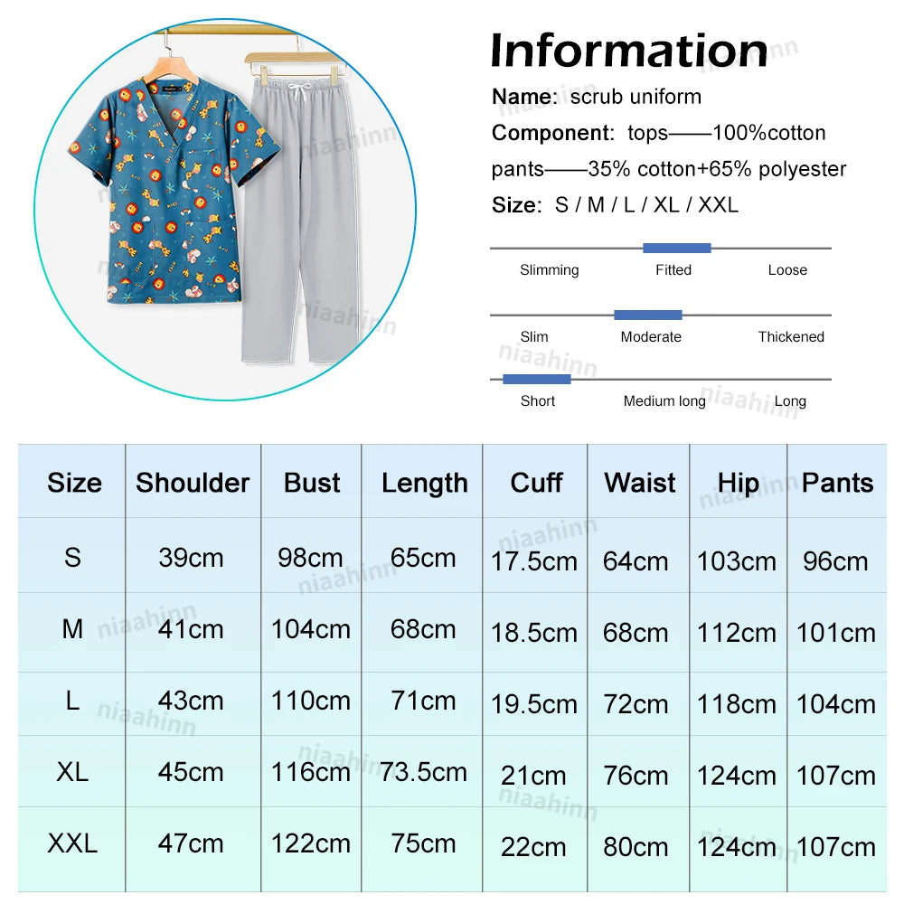 Cartoon print dental scrubs set featuring 100% cotton top and polyester blend pants, available in multiple sizes.