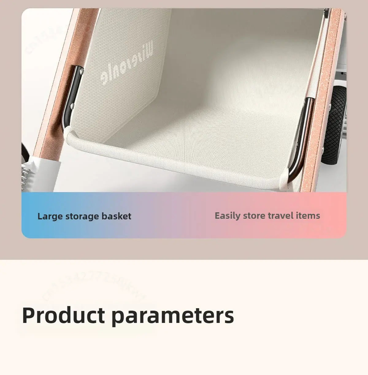 Lightweight baby stroller large storage basket for easy travel item storage.