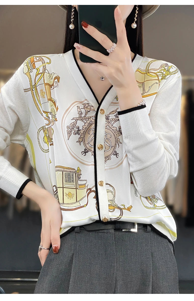 Women's Printed Stitching Wool Cardigan