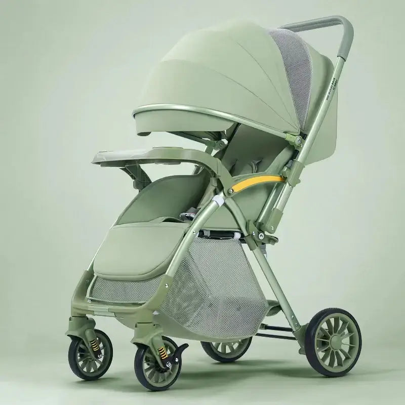 Bi-directional high landscape baby stroller in soft green, lightweight and foldable with EVA foaming wheels.