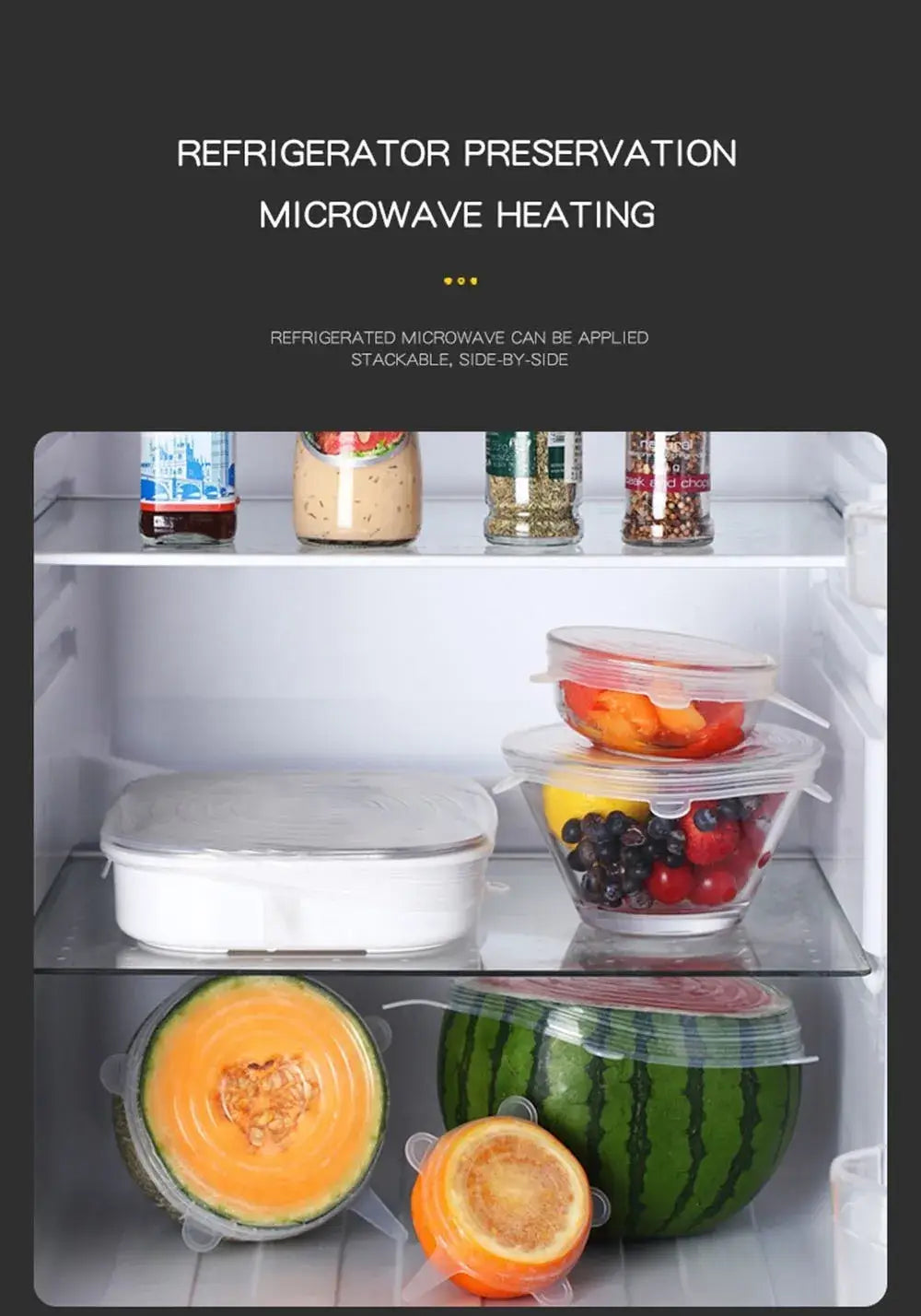 Silicone stretch lids in refrigerator, showcasing food storage containers and freshness preservation for microwave use.