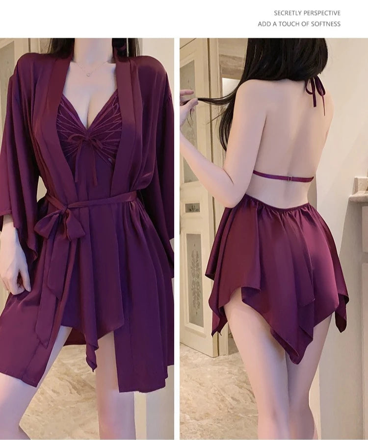 طقم نوم نسائي مع روب فيونكة