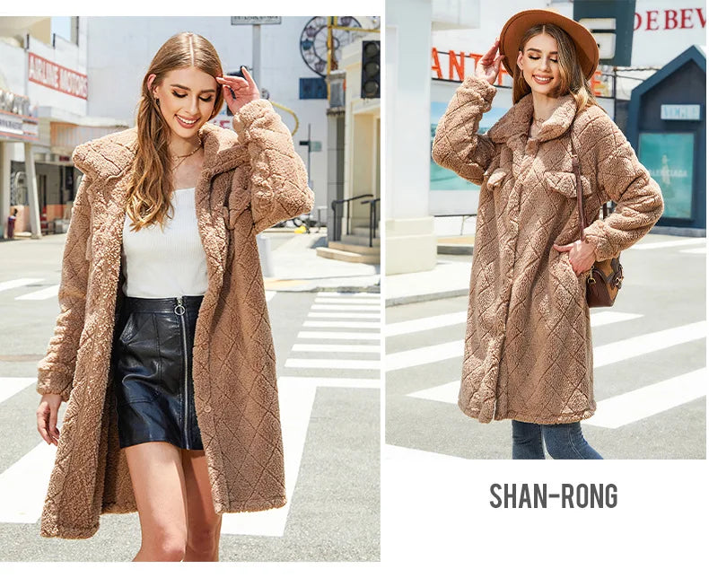 FairyShely Brown Puff Long Women's Winter Jacket – Plush Warm Coat