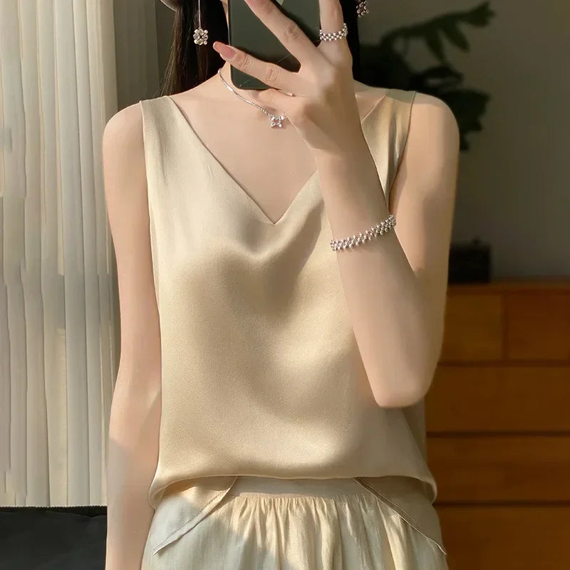 Ice Silk Satin V‑Neck Camisole Crop Top