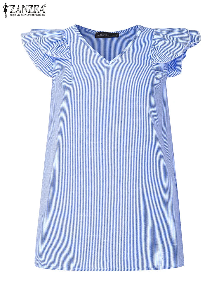 بلوزة نسائية مخططة بدون أكمام وفتحة رقبة على شكل حرف V