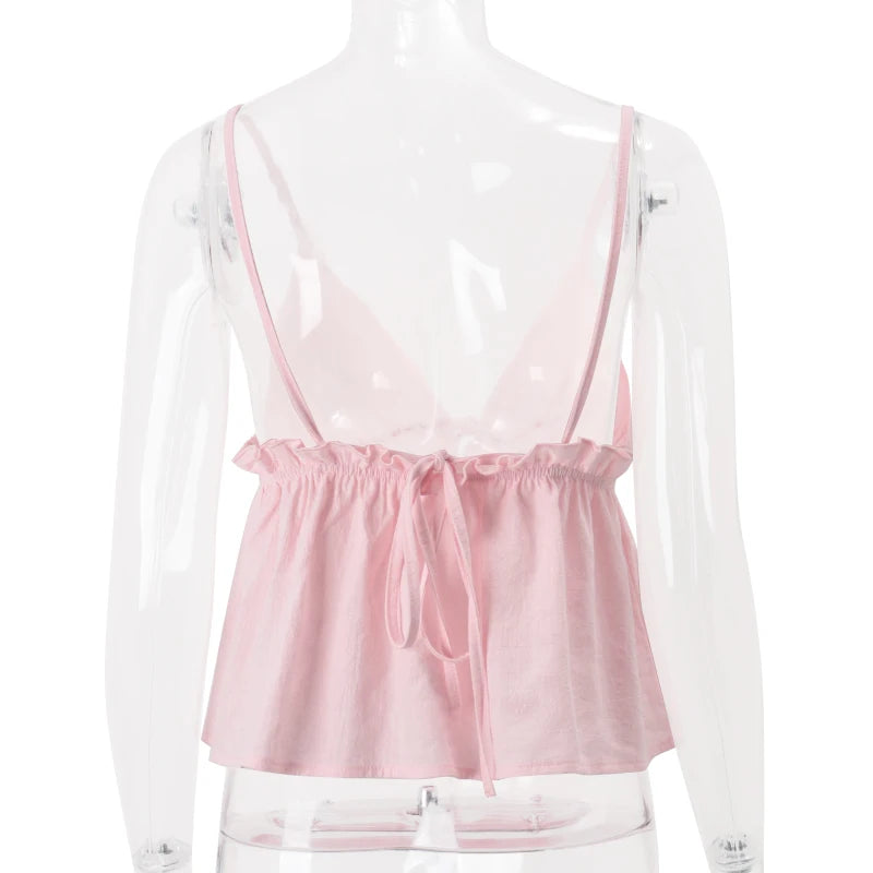 Off Shoulder V‑Neck Pink Crop Tank Top