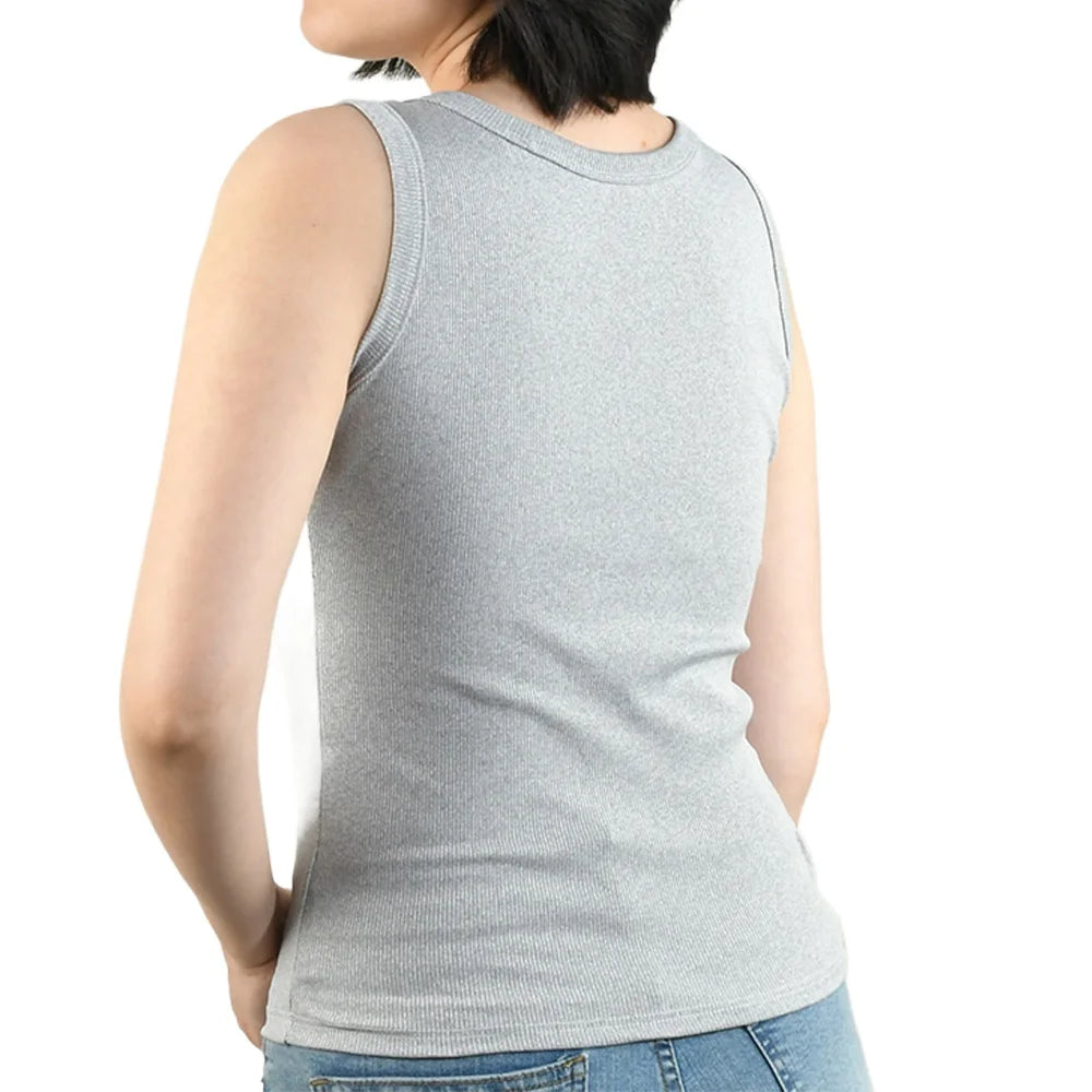 Woman wearing a gray SlipFit™ anti-slip invisible cami from the back, showcasing its lightweight design.