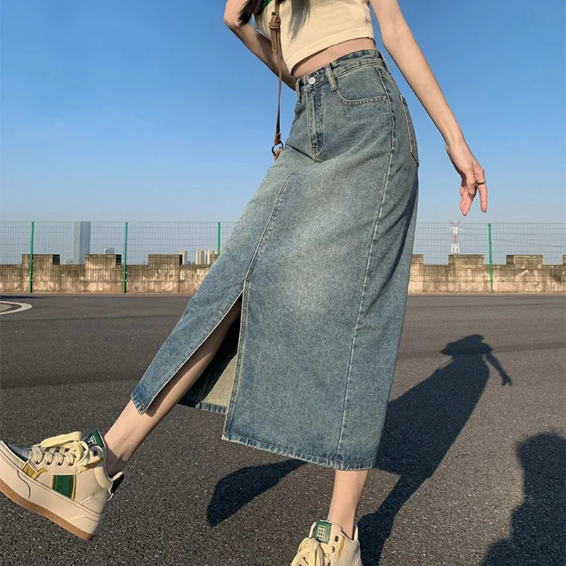 SplitEase™ – Long Washed Denim Skirt (High Waist, Hip Cover A-line)