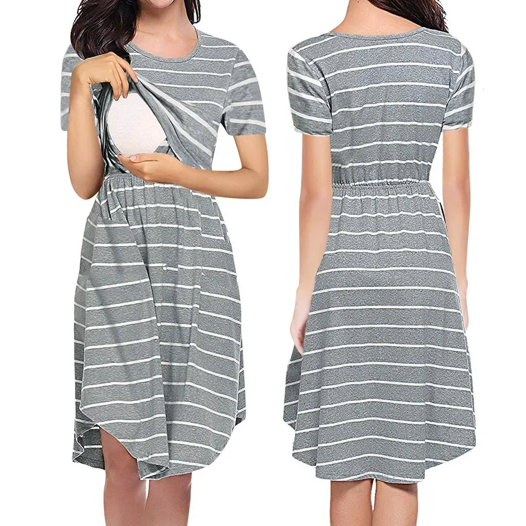 Striped multifunctional nursing dress for maternity, featuring a boat neck and knee-length design, perfect for baby showers.