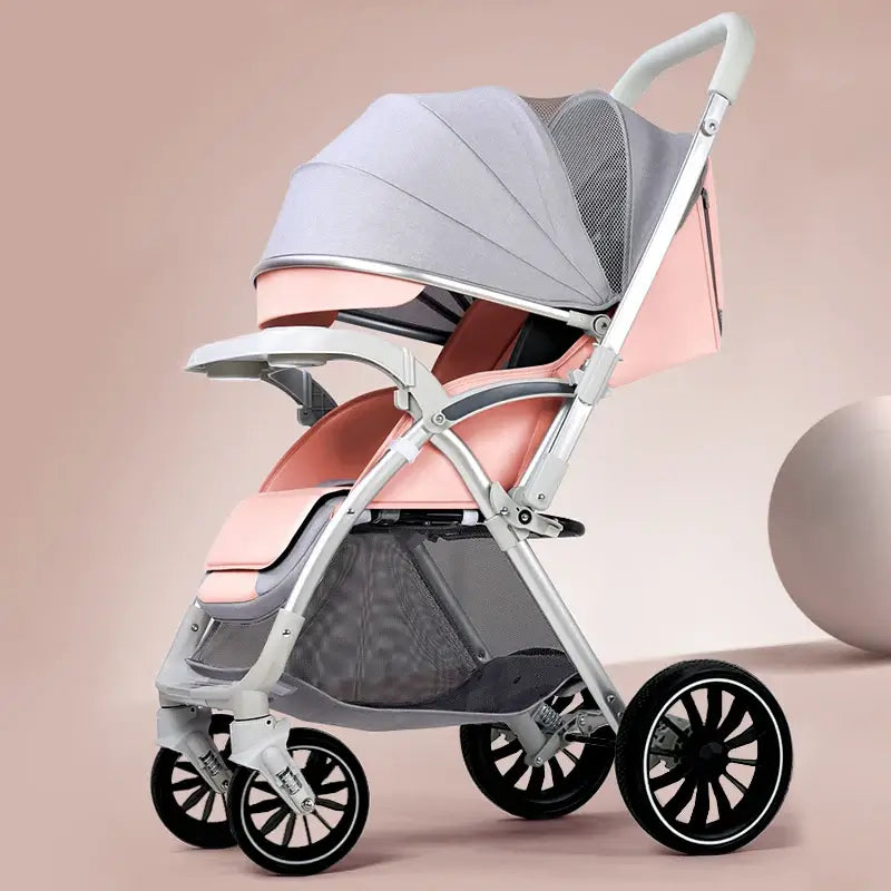 Bi-directional high landscape baby stroller in pink and gray with foldable design and EVA wheels.