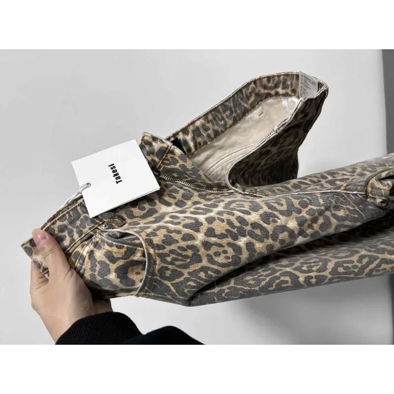 Leopard Print Retro Baggy Denim Pants