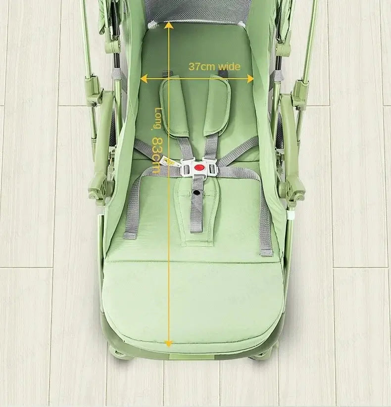 High landscape baby stroller interior showing dimensions; cozy design for newborns with safety harness and sturdy materials.