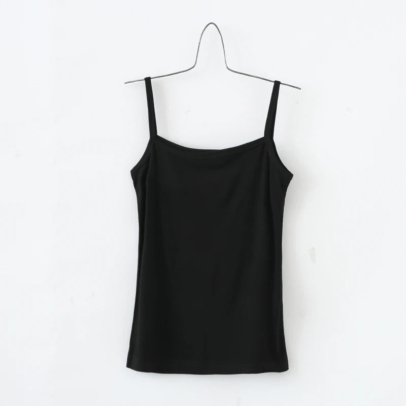 BasicBreeze™ Black Solid Cotton Strap Camisole Hanging on White Background