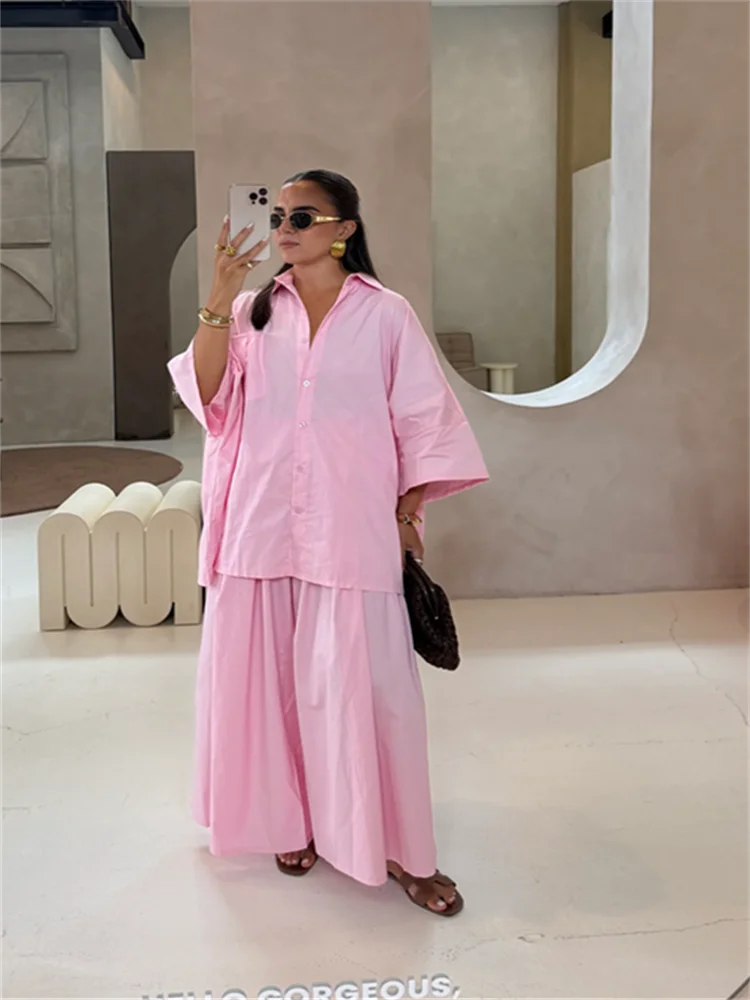 طقم بنطال نسائي من القطن بقصة واسعة