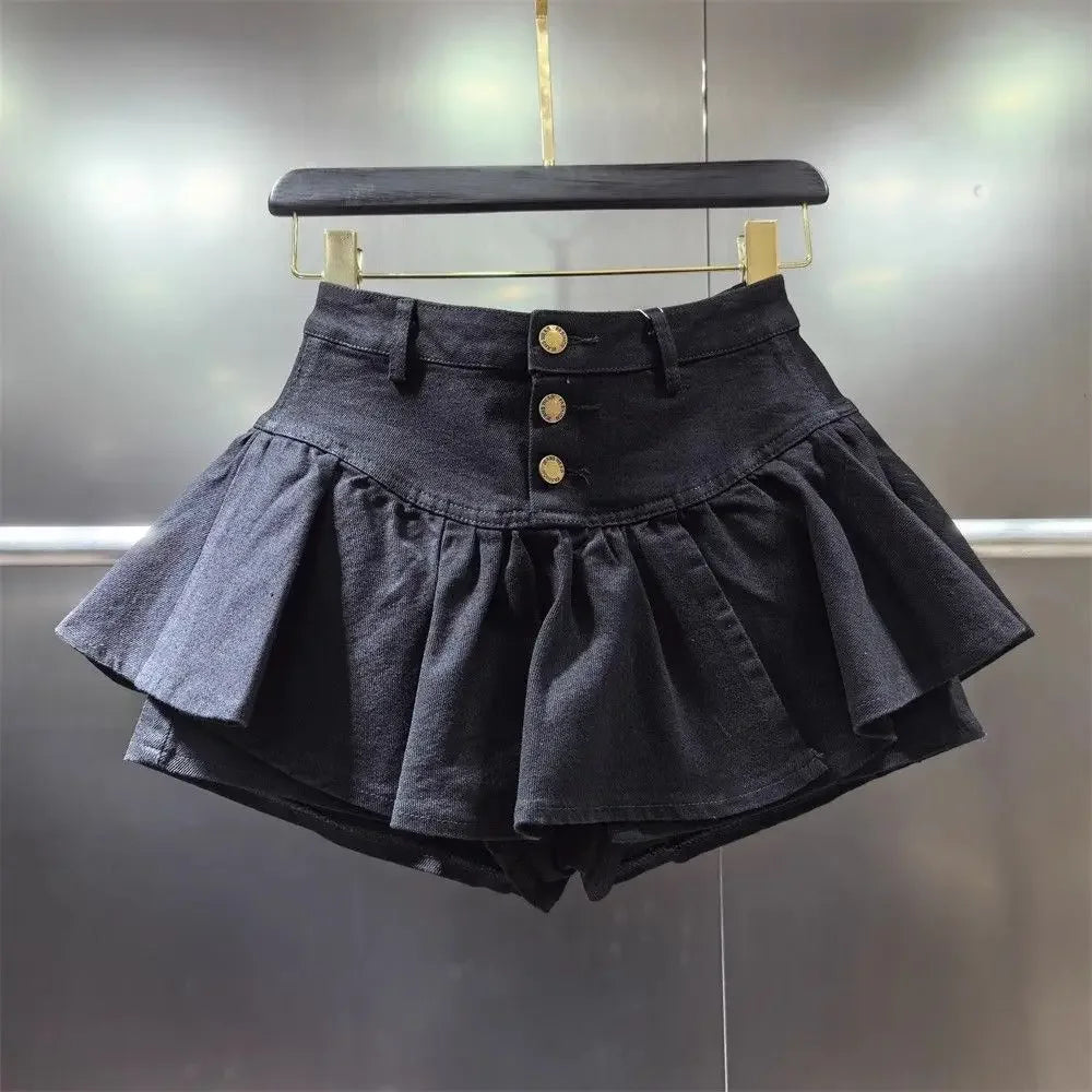 PuffyBelt™ – Puffy Layered Denim Skirt (Black A-line, High Waist)