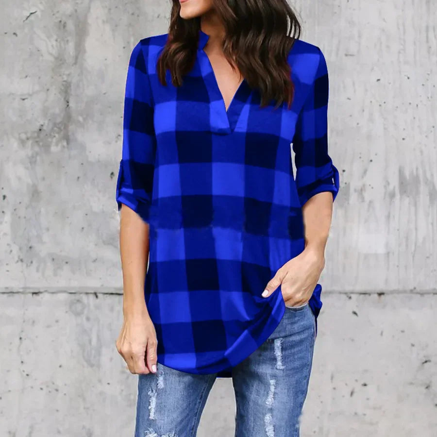 Blue plaid V-neck summer t-shirt for women, lightweight and casual, perfect for beach style.