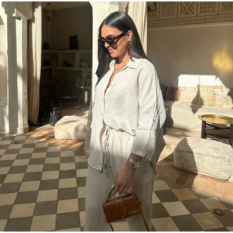 طقم بنطال نسائي من القطن بقصة واسعة