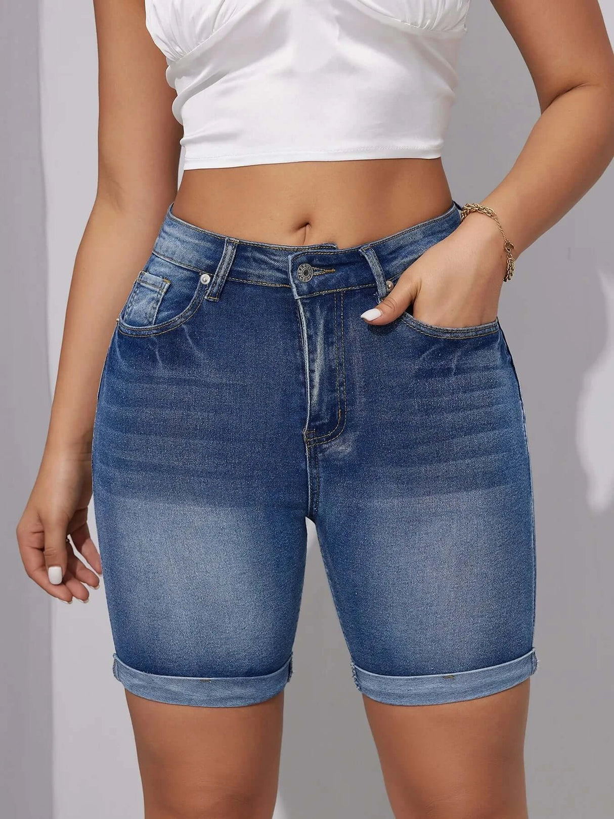 Women High Waist Knee Length Denim Shorts