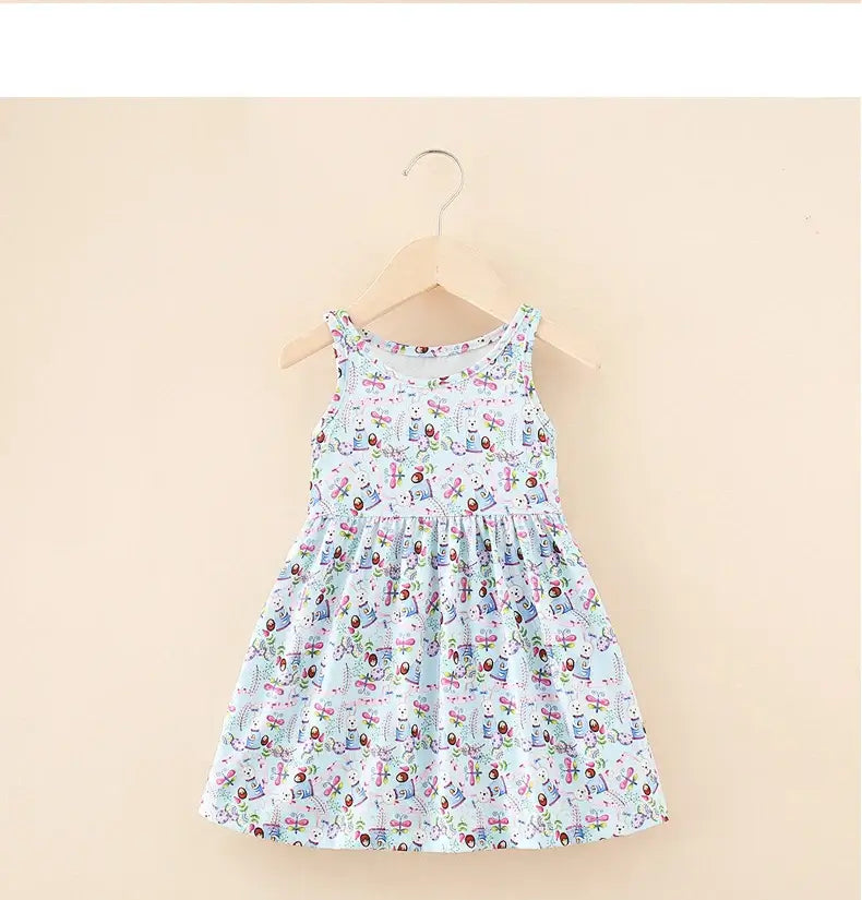 Cute summer dress for girls, sleeveless, knee-length, featuring colorful print designs, perfect for ages 4-6.