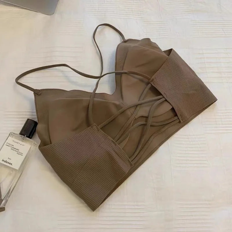 CrossForm™ Padded Backless Tank Top in brown, featuring hollow out design and thin straps, ideal for summer wear.