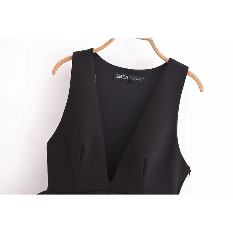 Elegant black V-neck women's tank top on a hanger, showcasing its stylish design and premium fabric.
