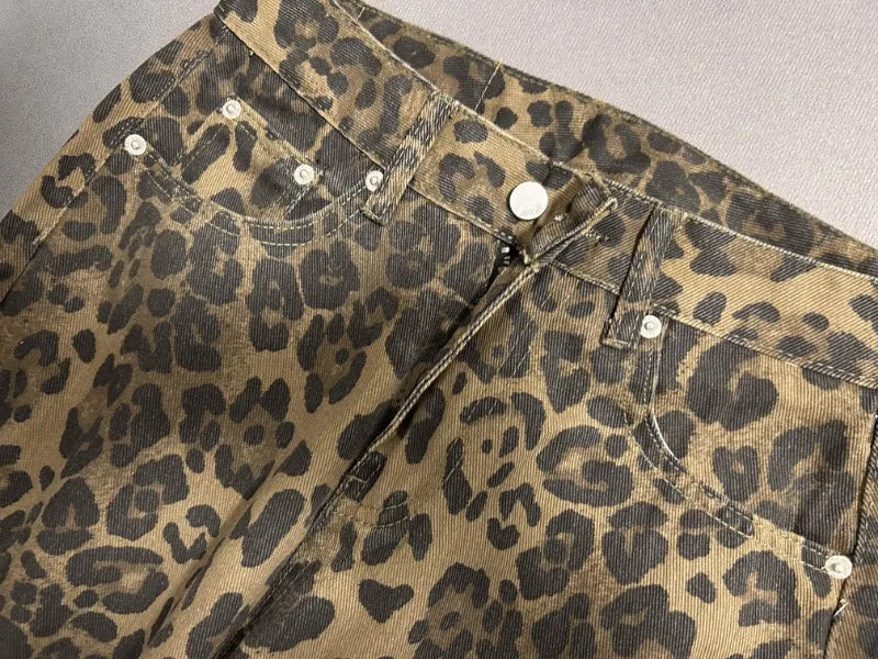 Leopard Print Retro Baggy Denim Pants