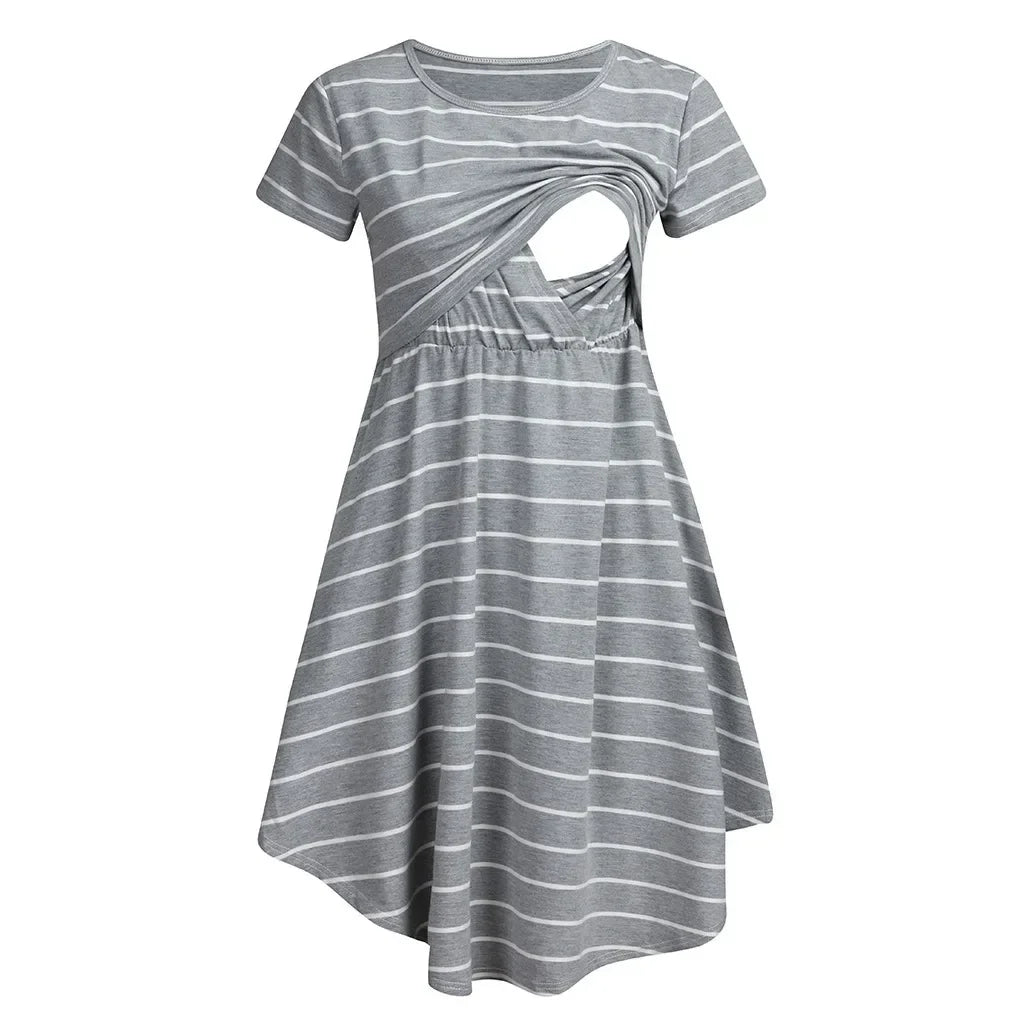 Striped multifunctional nursing dress in gray, designed for maternity and breastfeeding, knee-length with A-line silhouette.