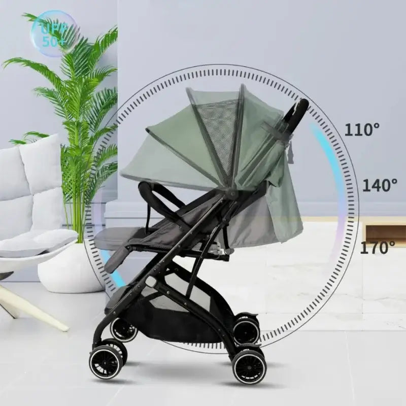 Portable foldable baby stroller with adjustable canopy angles, ideal for outdoor use and comfort.