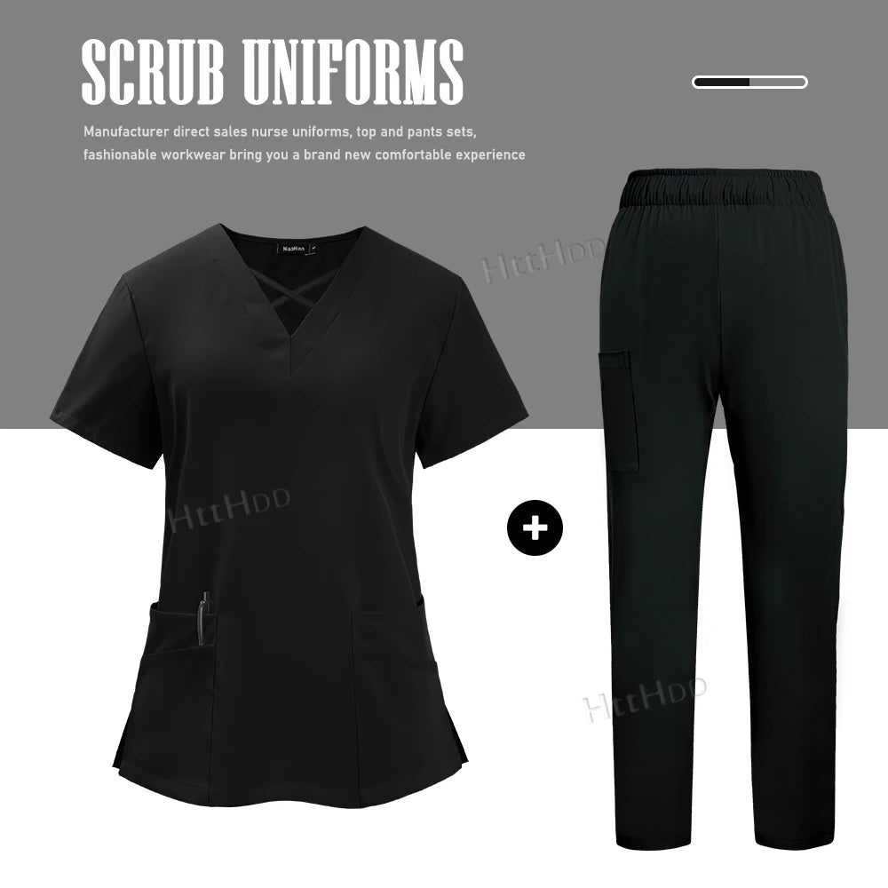 Nurse dental scrubs set featuring breathable fabric, unisex design, and stylish pockets for medical professionals.
