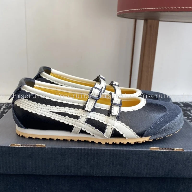 أحذية باليه مسطحة نسائية بمقدمة مستديرة من الدانتيل والجلد الطبيعي