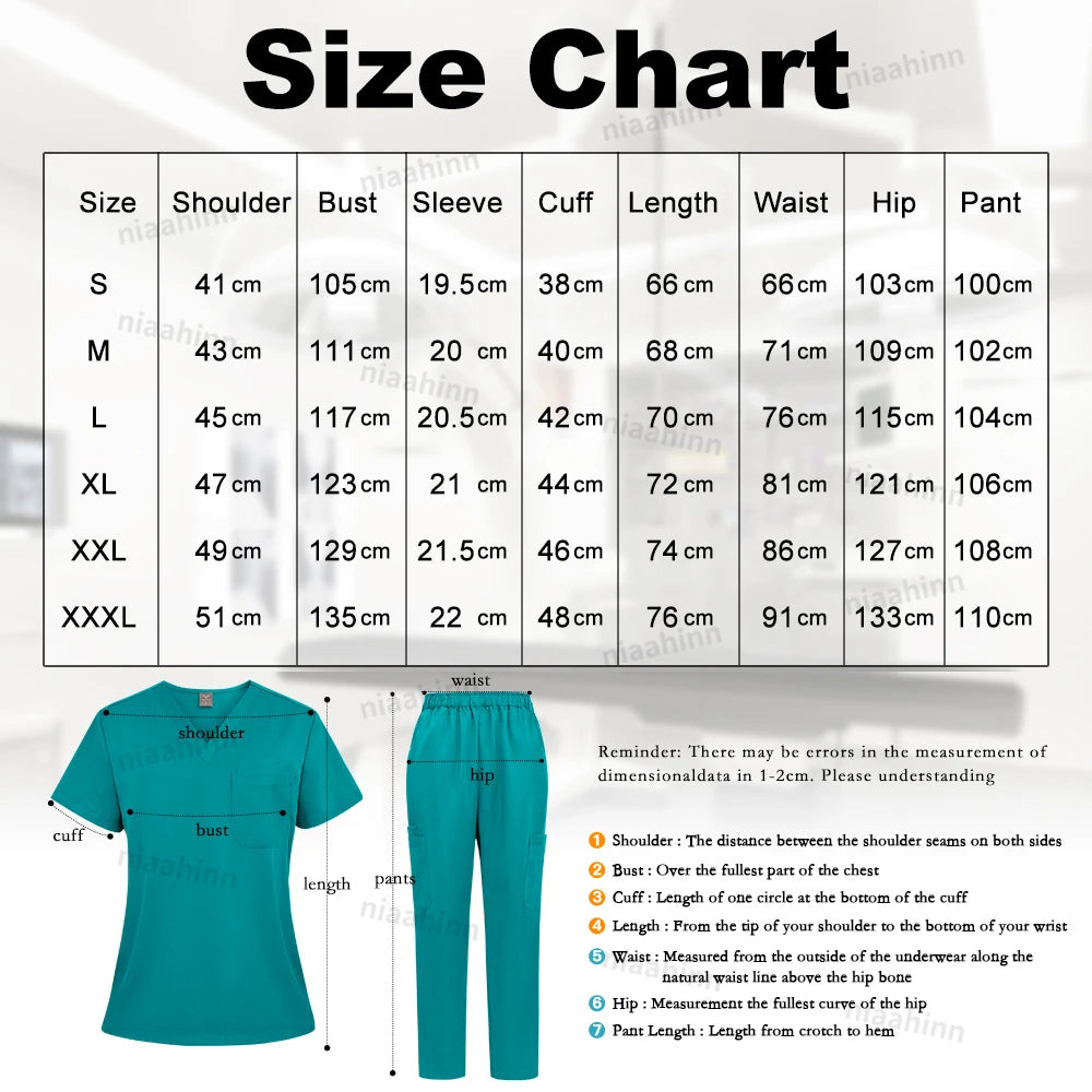 Size chart for multicolor surgical gown showing measurements for various sizes and fit details.