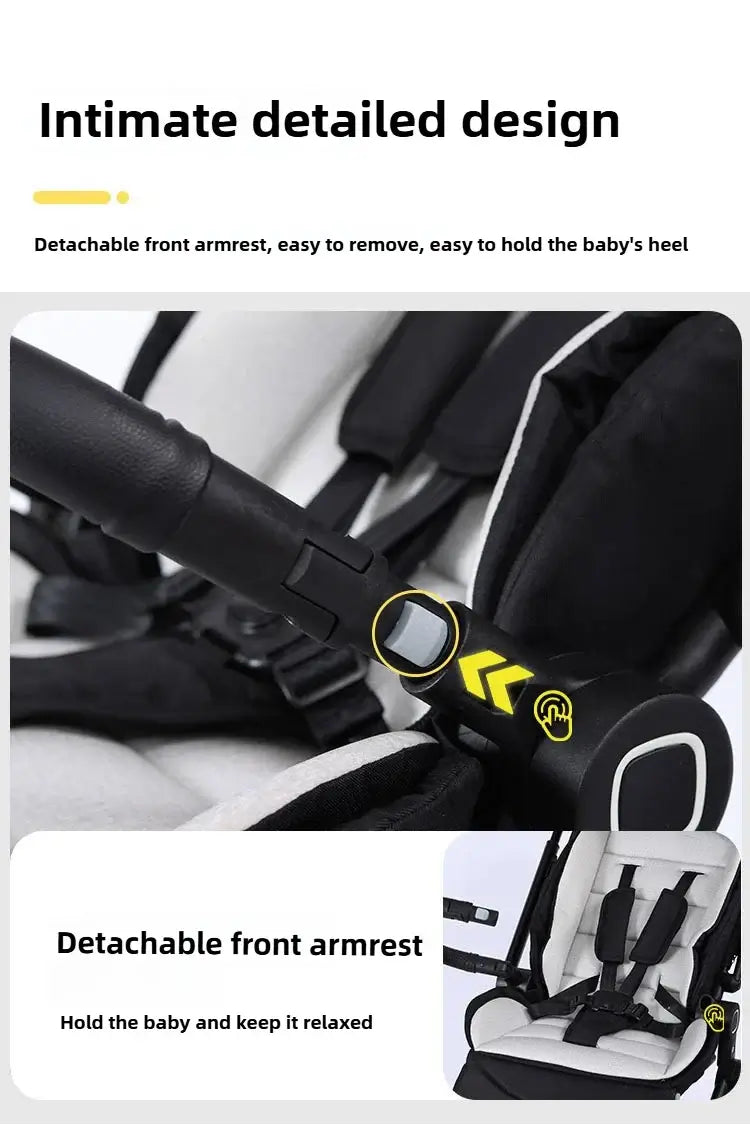 Detailed view of Highview Baby Stroller's detachable front armrest designed for comfort and ease of use.