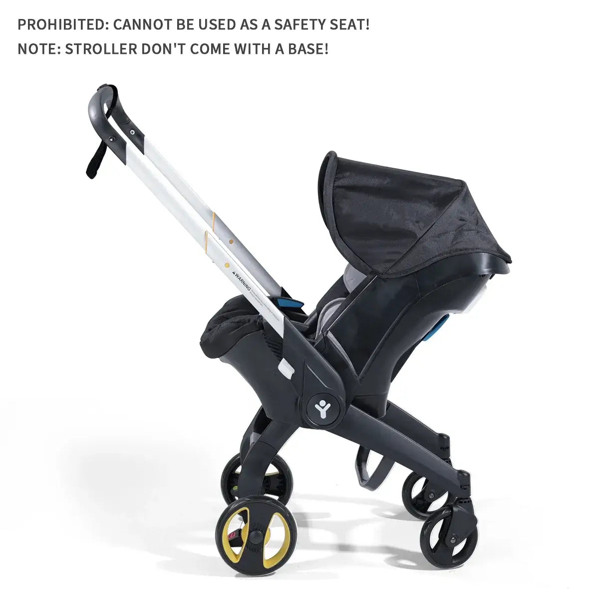 Side view of a baby stroller with metal frame, not a safety seat, showcasing its foldable design and distinguishing features.