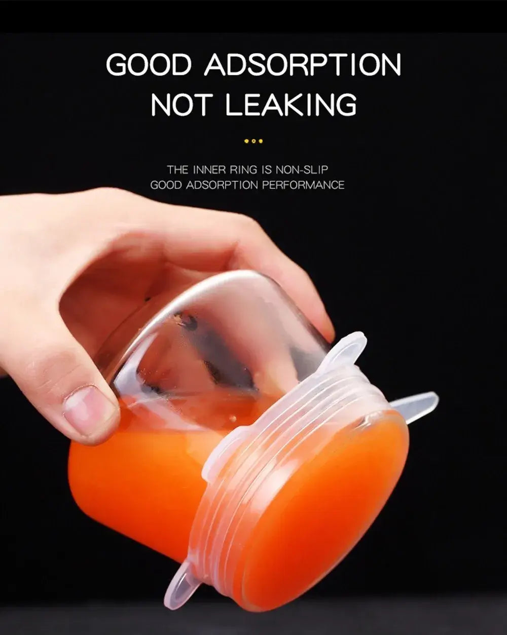 Hand holding silicone stretch lid over a container, showcasing non-slip design and good adsorbtion to prevent leaking.
