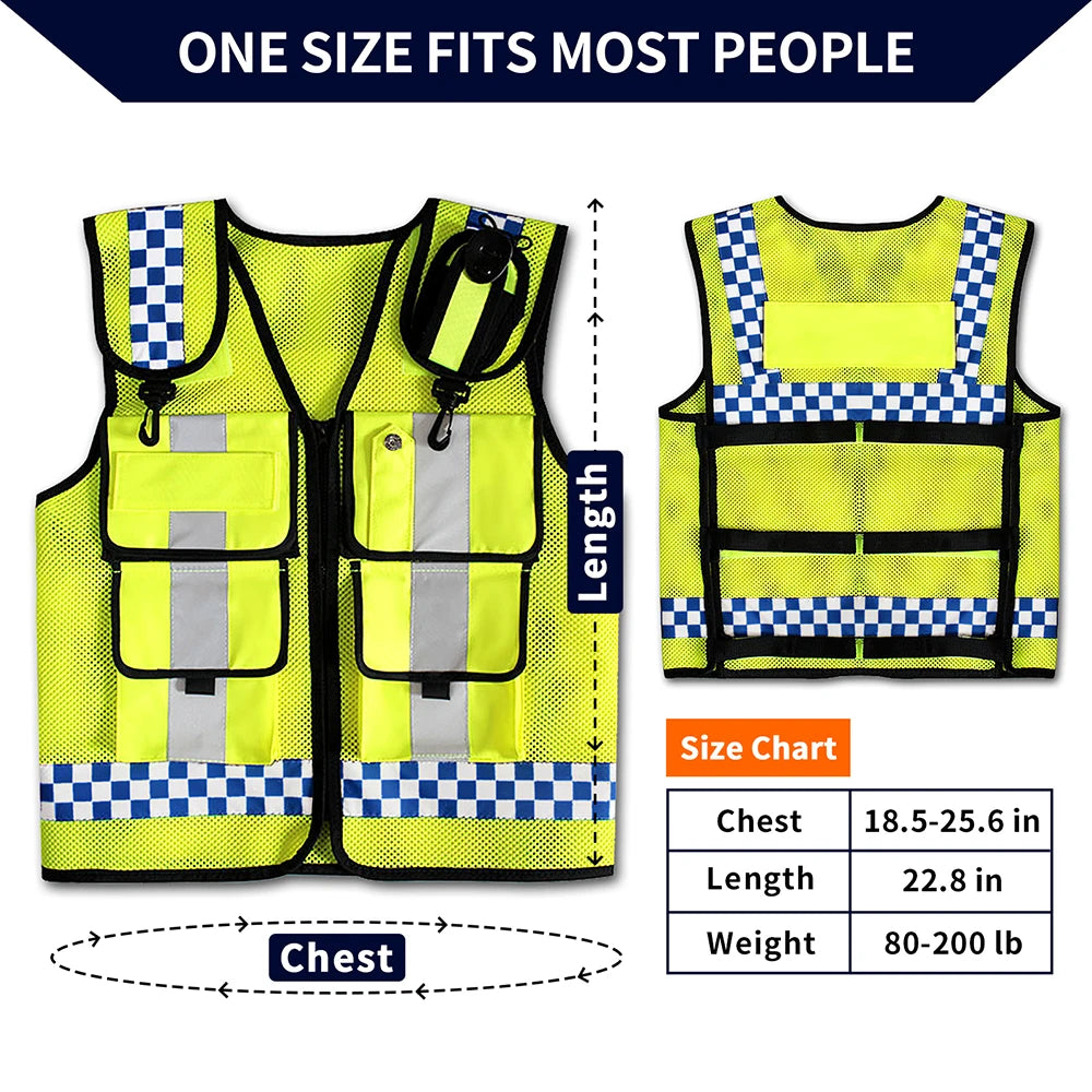 Adjustable mesh safety vest for utility and safety, features size chart, breathable hi-vis fabric, fits most body types.