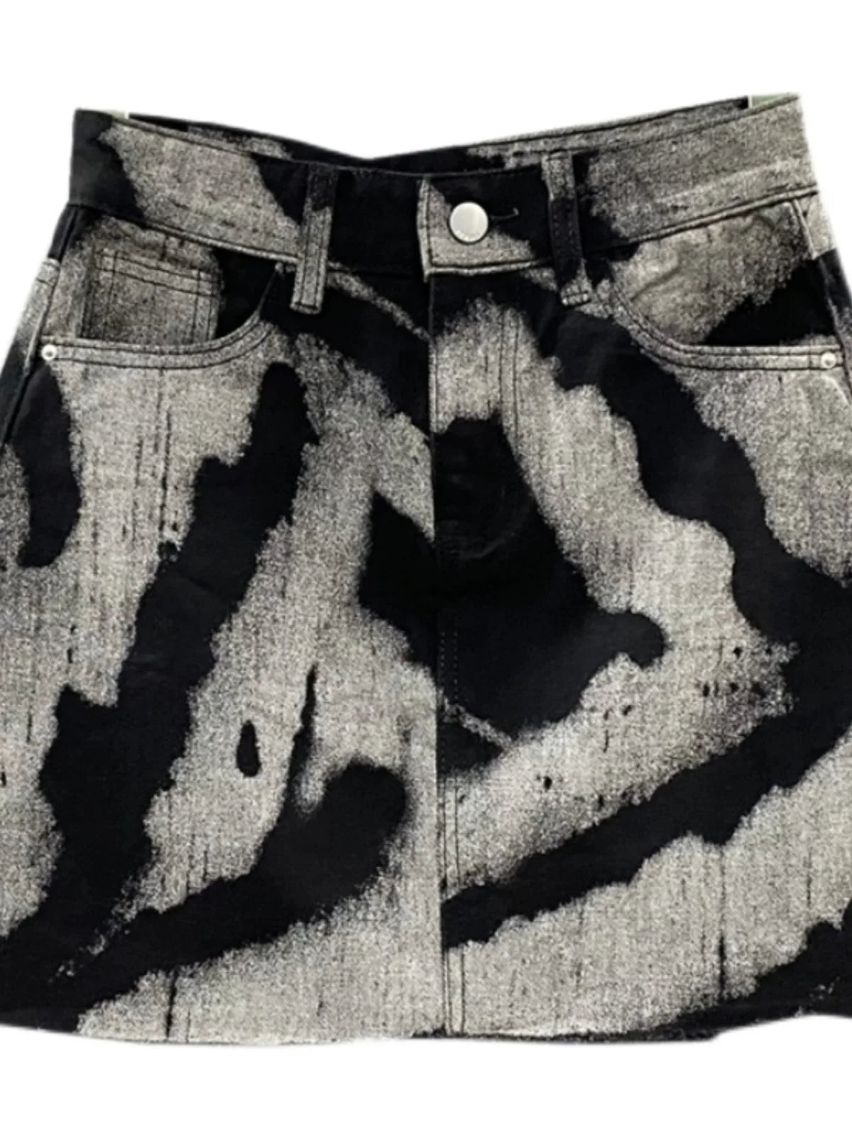 DyeDrape™ – Tie-Dye Short Denim Skirt (Black Gray, Fringed A-Line)