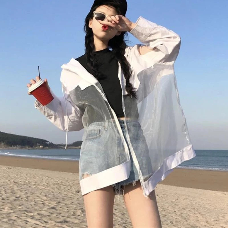 Oversized See-Through Women's Summer Coat – Korean Patchwork Jacket