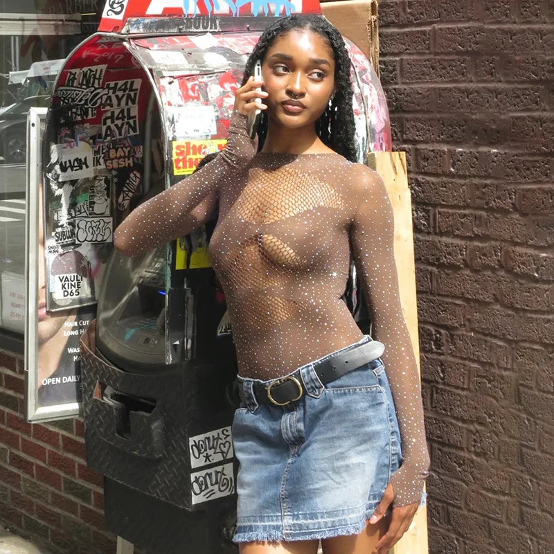 Women's Knitted Rhinestone Long Sleeve Bodysuit – Sexy Y2K Outfit