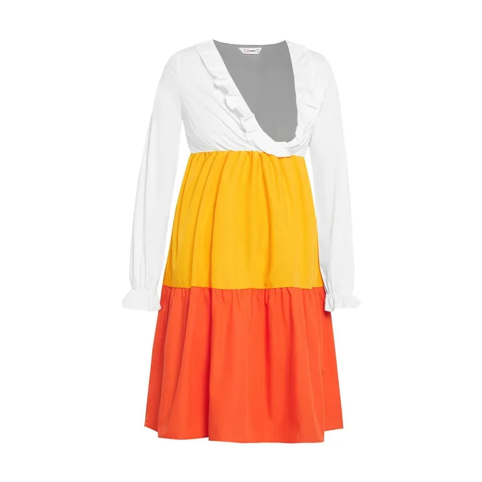 V-neck long sleeve maternity dress with colorful yellow and orange tiers, perfect for summer and breastfeeding.