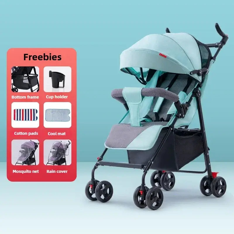 Lightweight baby stroller with reclining seat, featuring accessories like cup holder and mosquito net.