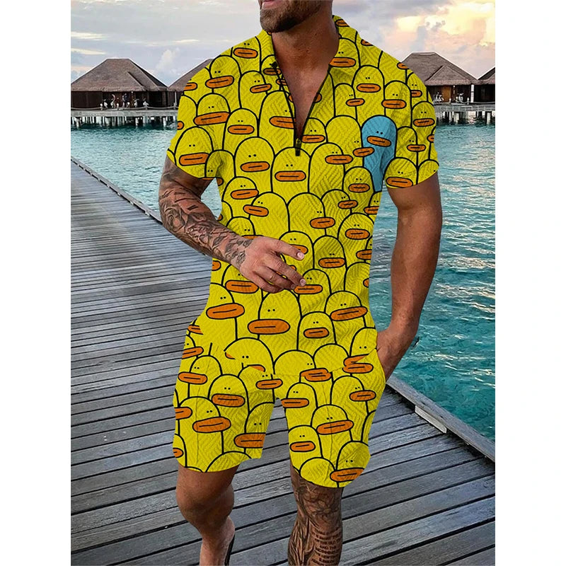 Men's 3D Print Polo & Shorts Set