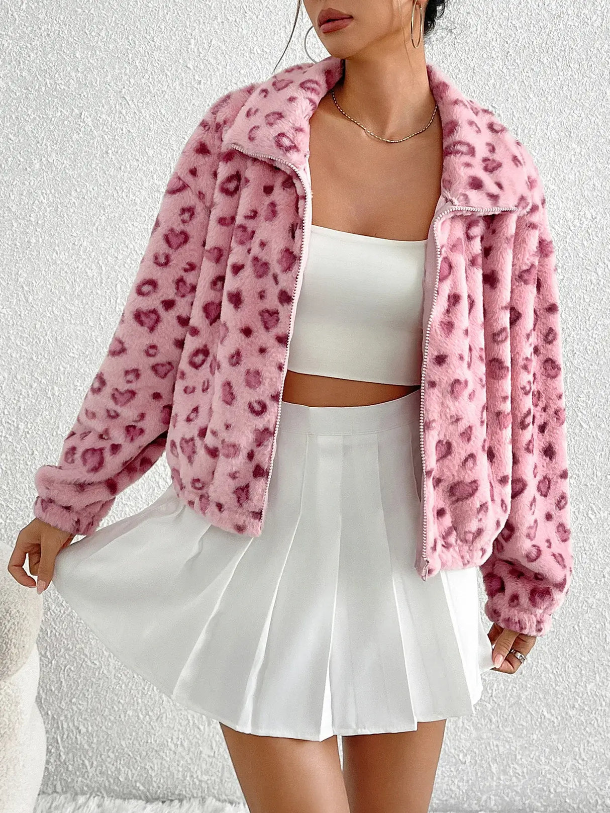 Women Pink Leopard Print Cotton Jacket