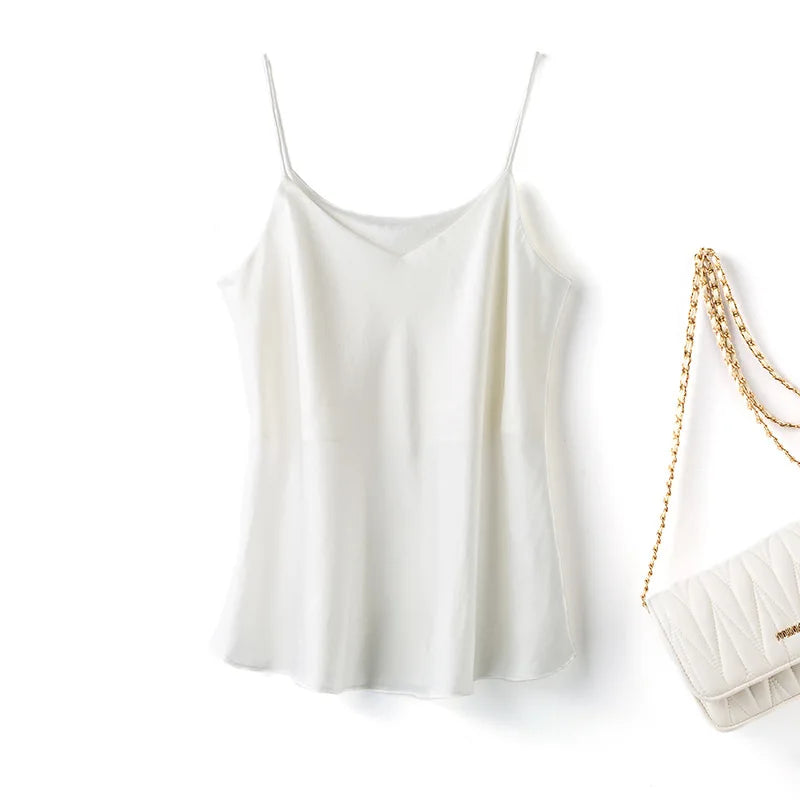 BandeauSilk™ double-layer silk camisole in ivory with sexy V-neck, ideal for summer casual wear.