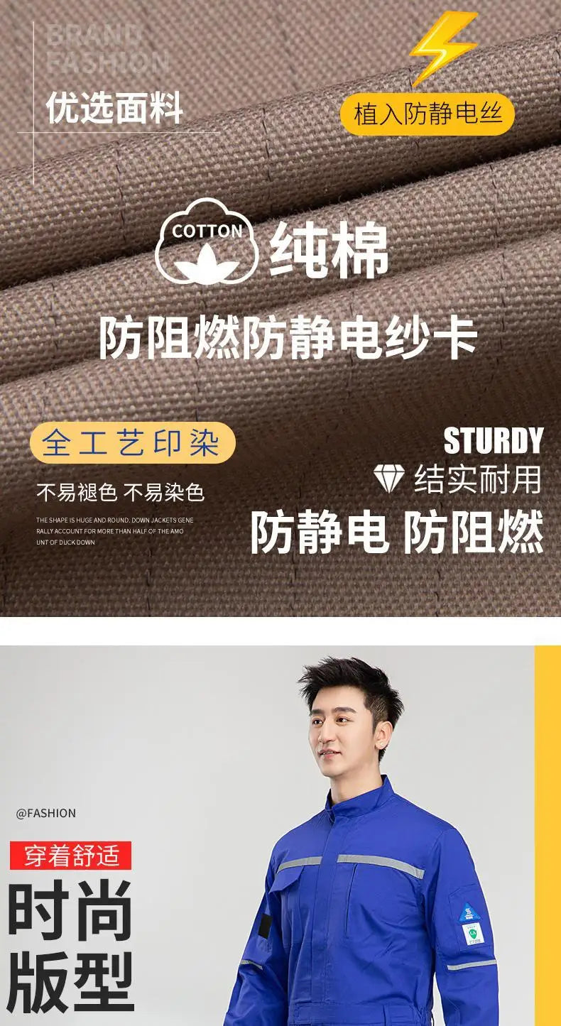 Anti-Static Flame-Resistant Welding Suit made of pure cotton, showcasing its sturdy and durable fabric for safety in work environments.