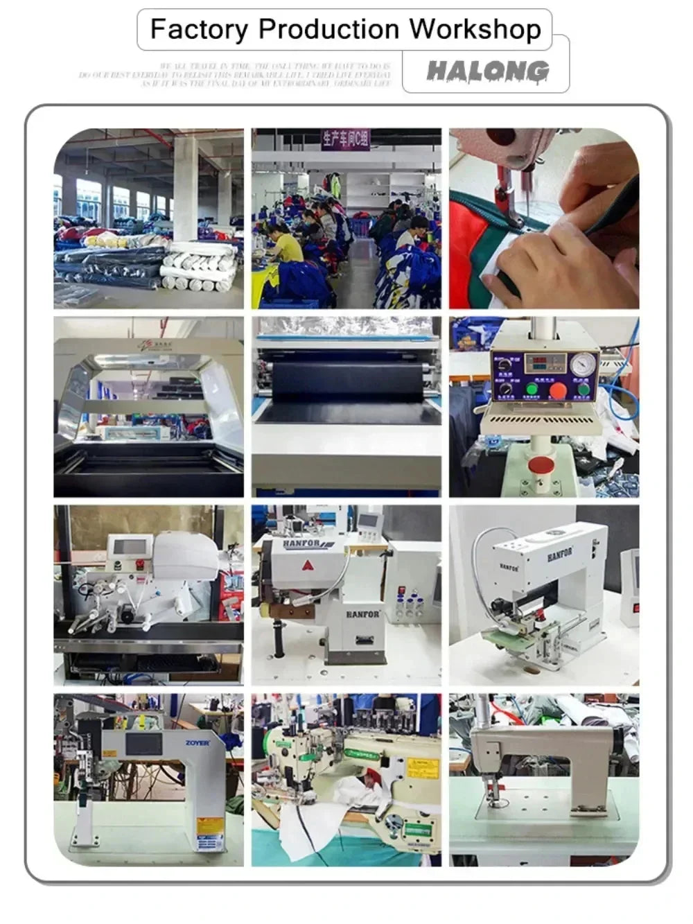 Collage of factory production workshop showcasing sewing machines and staff in action at Halong.