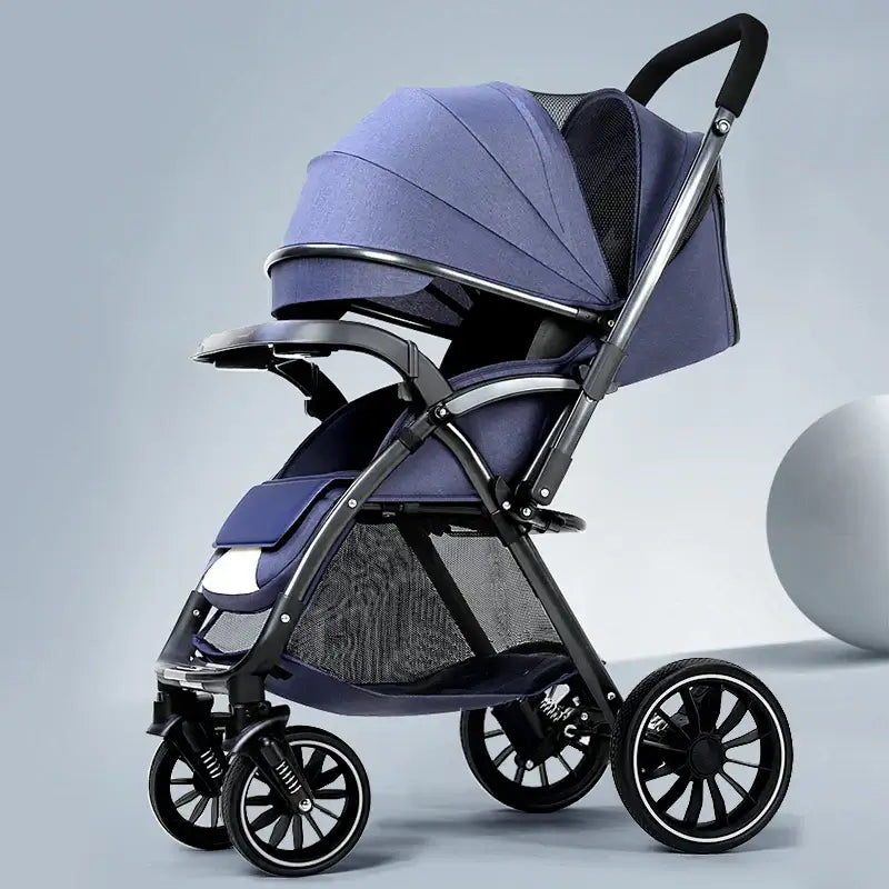 Bi-directional high landscape baby stroller in blue fabric, lightweight and foldable for easy travel.