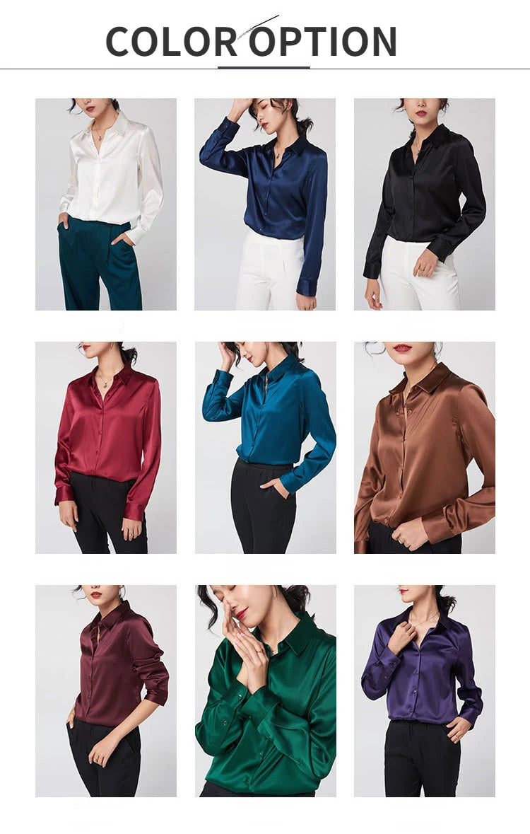 Color options for SatinGrace™ long sleeve silk shirt in various shades from white to dark purple.